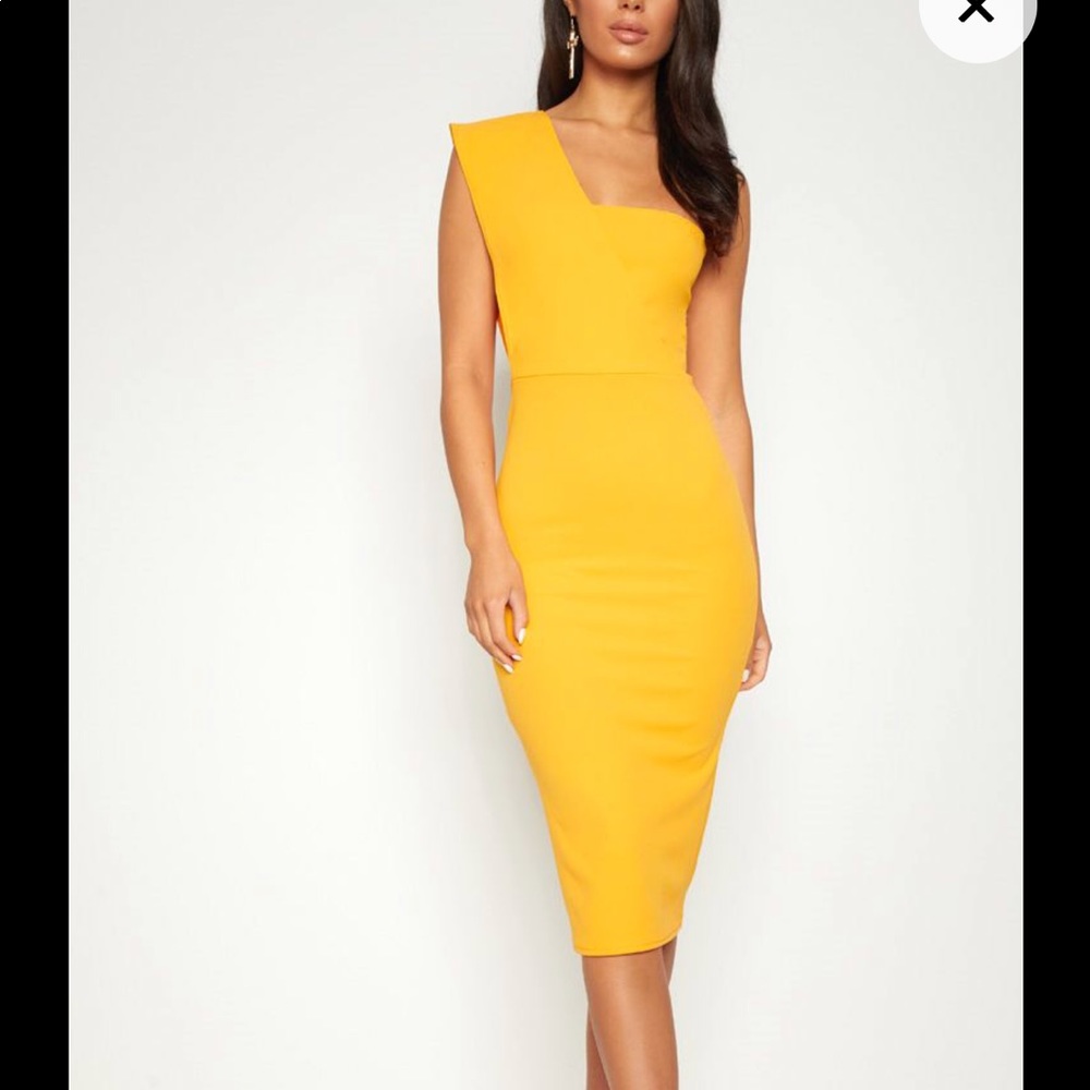 Yellow one shoulder draped midi dress